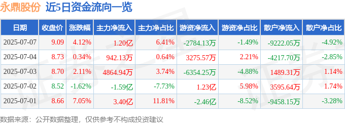 永鼎股份（600105）7月7日主力资金净买入120亿元
